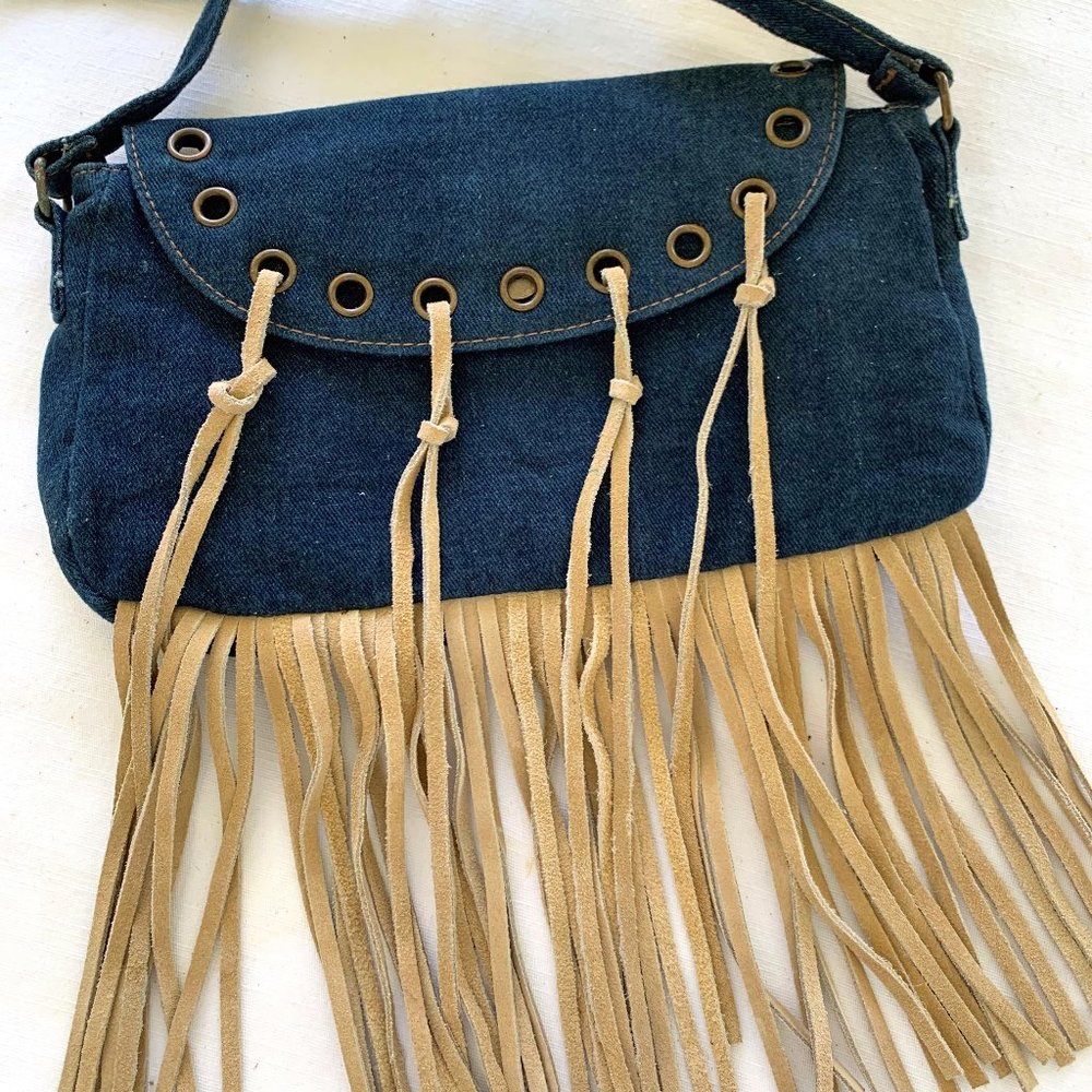 Women's Denim Shoulder Purse with Suede Fringe